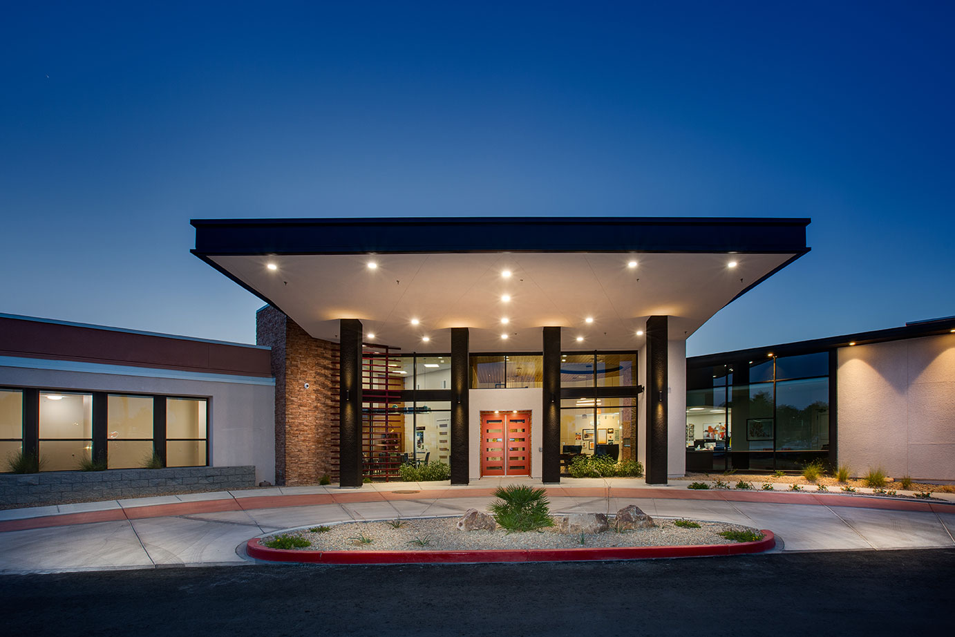 Lumina Memory Care entrance at dusk